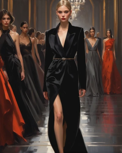 dress walk black,fashion illustration,runway,catwalk,evening dress,black dress with a slit,fashion show,gown,fashion design,bridal party dress,formal wear,fashion sketch,elegance,women's clothing,woman walking,elegant,costume design,black coat,garment,formal attire,Conceptual Art,Oil color,Oil Color 12