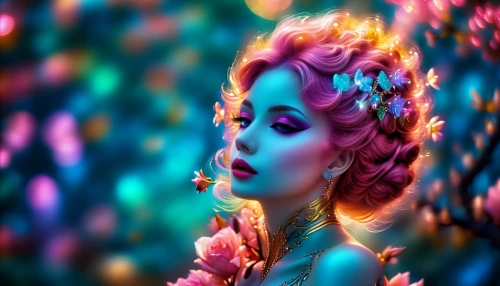 fairy queen,faery,mermaid background,faerie,colorful background,rapunzel,3d fantasy,psychedelic art,flower fairy,fairy,fairy peacock,wonderland,daphne flower,colorful foil background,enchanted,fairy forest,fantasy portrait,mystical portrait of a girl,fairy galaxy,the enchantress,Photography,Artistic Photography,Artistic Photography 07