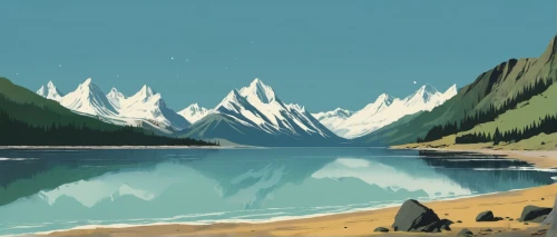 alaska,moraine,mountains,glacial lake,mountainlake,lake moraine,mountain range,mountain lake,high mountains,boreal,yukon territory,west canada,fjord,glacier,mountain,mountain ranges,giant mountains,snowy peaks,maligne lake,lake,Illustration,Paper based,Paper Based 21