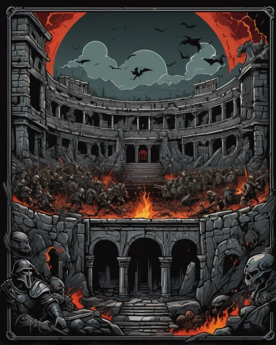 hall of the fallen,door to hell,coliseum,catacombs,dance of death,cauldron,murder of crows,inferno,dante's inferno,castle of the corvin,kings landing,the wolf pit,necropolis,steam icon,cd cover,witch's house,theater of war,halloween border,sepulchre,pompeii,Illustration,Realistic Fantasy,Realistic Fantasy 45
