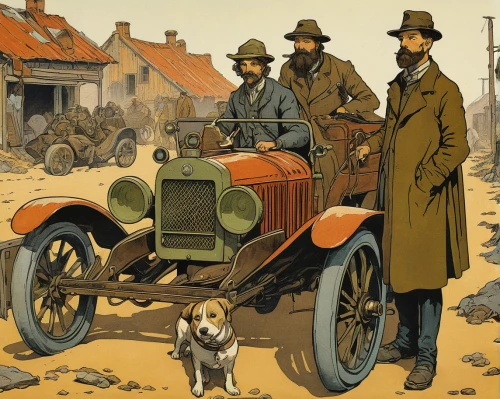 illustration of a car,veteran car,hunting dogs,volkswagen 1-litre car,panhard pl 17,american staghound,delage d8-120,steam car,type-gte 1900,artois hound,vintage illustration,opel captain,open hunting car,talbot,daimler majestic major,color dogs,mercedes-benz 219,ford motor company,family car,peugeot,Illustration,Retro,Retro 11