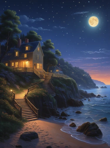 moonlit night,night scene,summer cottage,lonely house,home landscape,house by the water,beach house,cottage,fantasy picture,fisherman's house,romantic night,seaside country,moonlit,fantasy landscape,world digital painting,beachhouse,little house,monkey island,landscape background,sea night,Illustration,Realistic Fantasy,Realistic Fantasy 27