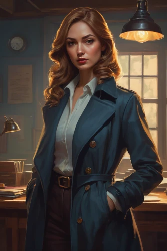 female doctor,librarian,investigator,business woman,businesswoman,secretary,detective,spy visual,business girl,night administrator,clue and white,attorney,spy,game illustration,overcoat,inspector,policewoman,retro woman,portrait background,trench coat,Conceptual Art,Oil color,Oil Color 12