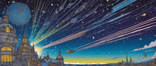 valerian,meteor,perseids,space art,meteor rideau,sci fiction illustration,background image,panoramical,christmasbackground,christmas wallpaper,falling stars,star winds,fantasy city,starscape,atlasnye,zeppelins,falling star,star sky,postcard for the new year,the night sky,Illustration,Black and White,Black and White 20