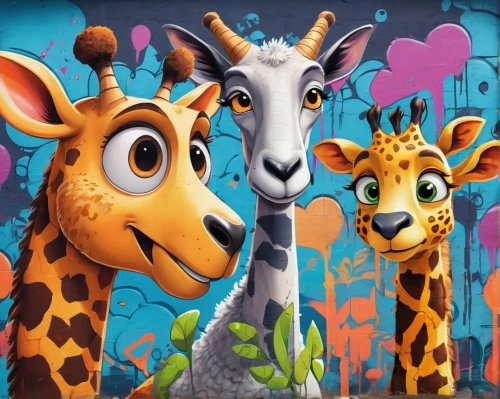 giraffes,giraffidae,anthropomorphized animals,scandia animals,animal film,two giraffes,animal zoo,deep zoo,animal world,giraffe,whimsical animals,zoo pilsen,zoo,animal kingdom,cartoon forest,children's background,madagascar,cartoon video game background,giraffe plush toy,animated cartoon,Conceptual Art,Graffiti Art,Graffiti Art 09