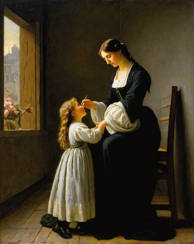 little girl and mother,mother with child,woman holding pie,bougereau,mother with children,mother and child,young couple,father with child,the long-hair cutter,bouguereau,young women,mother-to-child,children studying,painting,young girl,nanny,groseillier,child portrait,parents with children,baby-sitter,Art,Classical Oil Painting,Classical Oil Painting 38
