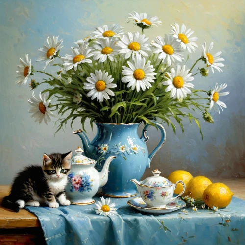 still life of spring,sunflowers in vase,tea party cat,marguerite,teacup arrangement,cloves schwindl inge,flower painting,summer still-life,marguerite daisy,still-life,flower arranging,still life,daisies,chamomile,oil painting,cat drinking tea,tea flowers,splendor of flowers,camomile,floral composition,Conceptual Art,Oil color,Oil Color 06