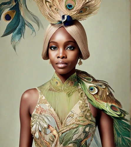 beautiful bonnet,fashion illustration,headdress,nigeria woman,african woman,feather headdress,bird of paradise,african american woman,dryad,peacock,headpiece,girl in a wreath,beautiful african american women,fairy peacock,adornments,cameroon,african art,laurel wreath,linden blossom,bonnet