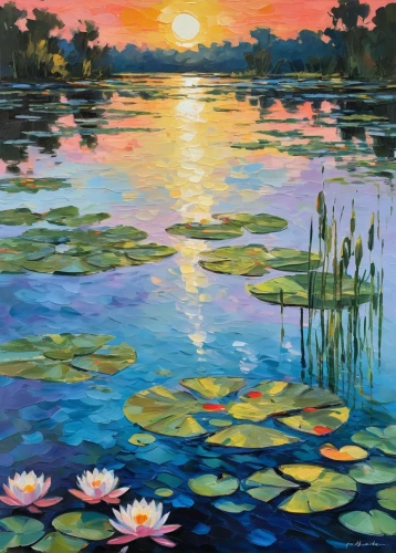 water lilies,lotus on pond,lotus,white water lilies,nymphaea,lotus pond,water lotus,evening lake,lily pads,lotuses,oil painting on canvas,lily pond,pond flower,pink water lilies,river landscape,water lilly,oil on canvas,lotus flowers,oil painting,spring lake,Conceptual Art,Oil color,Oil Color 10