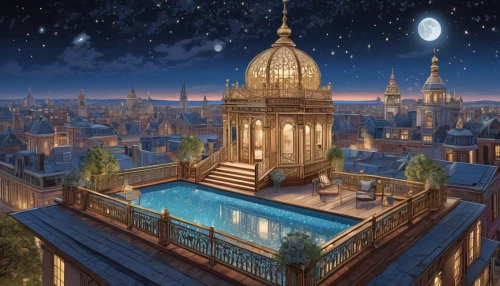 roof top pool,thermae,roof domes,thermal bath,luxury property,luxury hotel,the cairo,riad,bath,roof landscape,infinity swimming pool,saintpetersburg,saint petersburg,fantasy city,rooftops,roof terrace,pool house,aqua studio,swimming pool,gold castle,Illustration,Black and White,Black and White 03