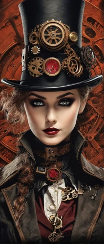 steampunk,ringmaster,hatter,victorian lady,stovepipe hat,the carnival of venice,black hat,clockmaker,joint dolls,steampunk gears,gothic portrait,clockwork,the hat of the woman,marionette,aristocrat,bowler hat,top hat,female doll,the japanese doll,victorian style,Conceptual Art,Fantasy,Fantasy 25