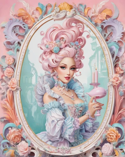 makeup mirror,rococo,magic mirror,doll looking in mirror,cinderella,fairy tale character,rosa 'the fairy,fantasy portrait,eglantine,painter doll,cosmetics,women's cosmetics,the mirror,rosa ' the fairy,porcelain rose,cosmetics counter,beauty room,mirror frame,peony frame,art nouveau frame,Conceptual Art,Fantasy,Fantasy 24