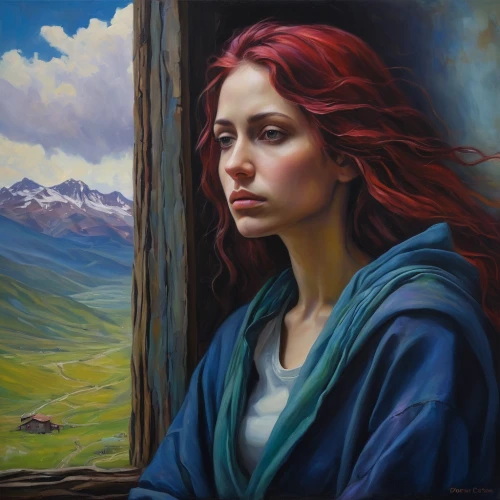 depressed woman,woman thinking,oil painting on canvas,oil painting,praying woman,mystical portrait of a girl,woman praying,oil on canvas,young woman,sad woman,portrait of a girl,woman portrait,art painting,woman sitting,romantic portrait,sorrow,fantasy portrait,woman playing,celtic woman,woman at cafe,Illustration,Realistic Fantasy,Realistic Fantasy 30