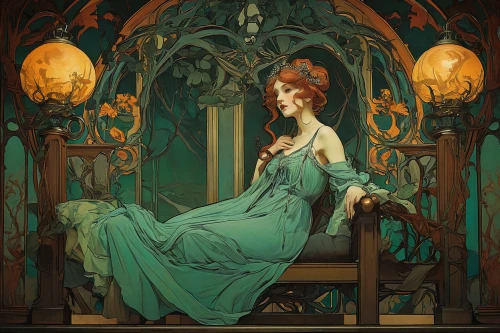 art nouveau,transistor,art nouveau design,absinthe,mucha,art nouveau frame,throne,art nouveau frames,rusalka,queen cage,fairy tale character,the throne,cinderella,lady of the night,apothecary,the sleeping rose,priestess,lyre,the enchantress,rapunzel,Illustration,Retro,Retro 03