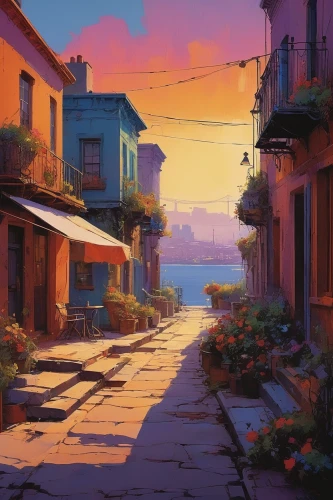 summer evening,alley,colorful city,warm colors,tuscan,dusk,evening atmosphere,alleyway,digital painting,in the evening,world digital painting,late afternoon,ventura,dawn,french digital background,venetian,istanbul,positano,neighborhood,sunset,Conceptual Art,Sci-Fi,Sci-Fi 22