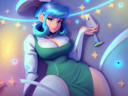 aqua,navi,fantasia,cyan,hatsune miku,cassiopeia,transistor,mezzelune,fairy galaxy,eris,marina,glowing antlers,star mother,starlight,aurora,luminous,the enchantress,retro girl,evil fairy,luna,Common,Common,Cartoon