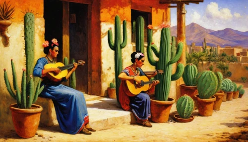 musicians,pandero jarocho,hacienda,street musicians,habaneras,mariachi,mexican tradition,woman playing,mexican culture,charango,dutchman's-pipe cactus,sonoran,peruvian women,santa fe,tucson,cacti,organ pipe cactus,serenade,khokhloma painting,performers,Art,Classical Oil Painting,Classical Oil Painting 42