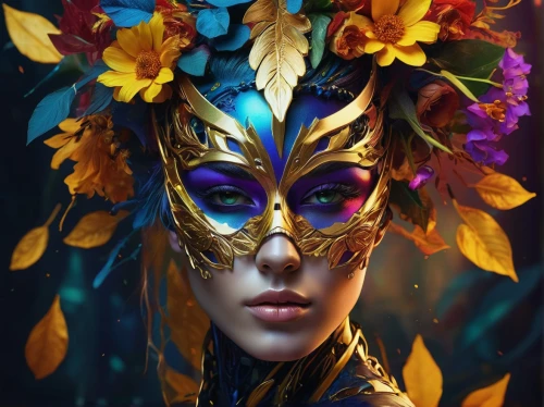 masquerade,golden mask,venetian mask,gold mask,golden wreath,fantasy portrait,faery,golden crown,faerie,laurel wreath,headdress,dryad,fantasy art,golden flowers,golden passion flower butterfly,gold and purple,gold crown,gold flower,gold leaf,elven flower,Photography,Artistic Photography,Artistic Photography 08