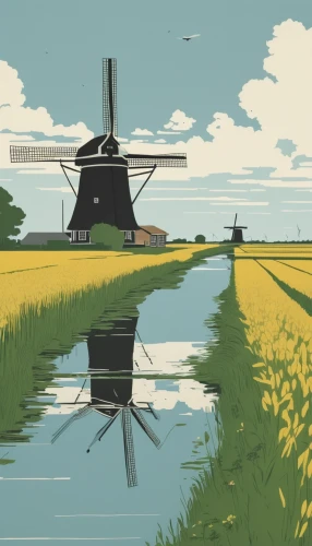 dutch landscape,dutch windmill,polder,dutch,windmill,the netherlands,kinderdijk,dutch mill,north holland,holland,windmills,the windmills,netherlands,wind mill,old windmill,wind mills,nederland,mill,friesland,delft,Illustration,Vector,Vector 10