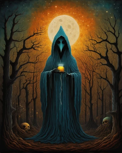 grimm reaper,dance of death,grim reaper,pall-bearer,candlemaker,dark art,hooded man,the witch,halloween illustration,black candle,sorceress,death god,divination,jack o'lantern,blue moon,priestess,witch house,jack o lantern,jack-o-lantern,angel of death,Illustration,Abstract Fantasy,Abstract Fantasy 19