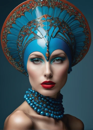 headdress,indian headdress,headpiece,the hat of the woman,feather headdress,cleopatra,art deco woman,venetian mask,ancient egyptian girl,blue enchantress,asian conical hat,body painting,beautiful bonnet,adornments,the hat-female,bodypainting,warrior woman,turban,decorative figure,kokoshnik,Photography,Fashion Photography,Fashion Photography 16