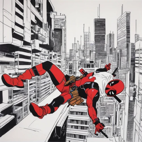 dead pool,deadpool,daredevil,flip (acrobatic),two-point-ladybug,leap of faith,coloring,leaping,parkour,coloring outline,escaping,marvel comics,comicbook,comic book,skycraper,scraper,above the city,jumps,leap,coloring picture,Art,Artistic Painting,Artistic Painting 23