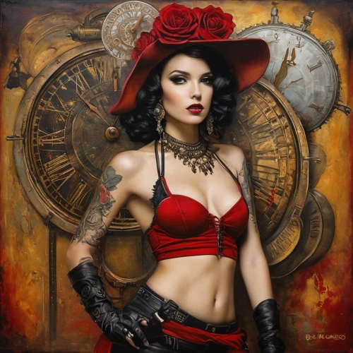 steampunk,clockmaker,valentine clock,fantasy art,red rose,clock face,lady in red,timepiece,tattoo girl,gothic woman,steampunk gears,ladies pocket watch,gothic portrait,red hat,sorceress,wall clock,vampire woman,watchmaker,black rose hip,clockwork,Illustration,Realistic Fantasy,Realistic Fantasy 10