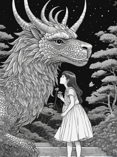 dragon of earth,capricorn mother and child,wyrm,fairy tales,capricorn,children's fairy tale,heroic fantasy,book illustration,black dragon,dragon,coloring page,a fairy tale,fairytales,dragon slayer,mythical creatures,fairy tale,sci fiction illustration,green dragon,encounter,the night of kupala,Illustration,Black and White,Black and White 16