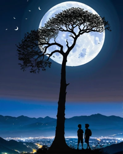 romantic scene,moonlit night,moon and star background,romantic night,the night of kupala,couple silhouette,moon night,blue moon,big moon,the japanese tree,tree of life,hanging moon,love earth,full moon day,the moon and the stars,wondertree,tree toppers,night indonesia,moonlight,moonlit,Art,Classical Oil Painting,Classical Oil Painting 04