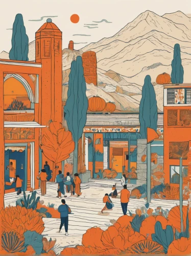 caravanserai,marrakech,pompeii,marrakesh,nepali npr,alhambra,pueblo,bazaar,pioneertown,travel poster,atlas mountains,cool woodblock images,tehran,samarkand,moon valley,kathmandu,souk,the market,grand bazaar,woodblock prints,Illustration,Japanese style,Japanese Style 16