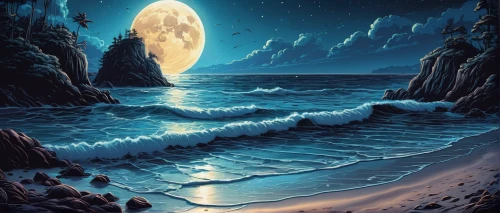 moonscape,lunar landscape,dark beach,moonlit night,sea night,blue moon,fantasy picture,moonlit,moon and star background,fantasy landscape,sea landscape,ocean background,moonlight,hanging moon,fantasy art,the moon,ocean paradise,the endless sea,beach landscape,moonrise,Illustration,Realistic Fantasy,Realistic Fantasy 25