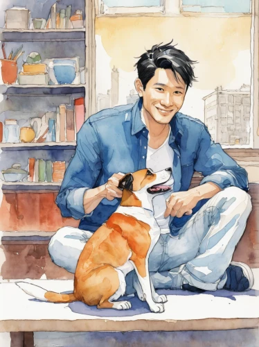 watercolor cafe,watercolor tea shop,dog cafe,watercolor dog,boy and dog,akita inu,watercolor tea,watercolor shops,watercolor,watercolor sketch,coffee watercolor,cat's cafe,dog illustration,donburi,unagi,bibimbap,katsudon,tea and books,coffee tea illustration,jin deui,Illustration,Paper based,Paper Based 07