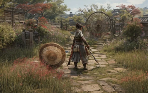 harvest festival,the wanderer,rural,witcher,lone warrior,field archery,the order of the fields,knight village,pilgrimage,parasol,adventurer,scythe,the farm,the hat of the woman,field of flowers,archery,samurai,farm gate,farmer in the woods,rural style,Game Scene Design,Game Scene Design,Japanese Martial Arts