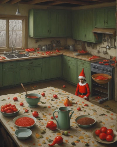 girl in the kitchen,red cooking,tomatoes,tomatos,tomato soup,the kitchen,little red riding hood,tomato pie,gnomes at table,ratatouille,pappa al pomodoro,big kitchen,kitchen,doll kitchen,cookery,cooking vegetables,still life with jam and pancakes,red tomato,preserves,red riding hood,Conceptual Art,Daily,Daily 30