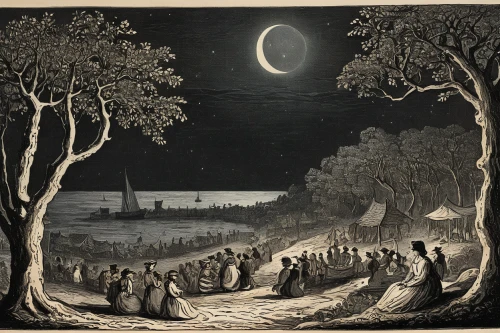 the night of kupala,solar eclipse,total eclipse,eclipse,night scene,spring equinox,lunar eclipse,walpurgis night,total lunar eclipse,lunar phase,astronomers,solstice,celebration of witches,moon phase,astronomy,phase of the moon,celestial bodies,lithograph,crescent moon,pilgrims,Art,Classical Oil Painting,Classical Oil Painting 39