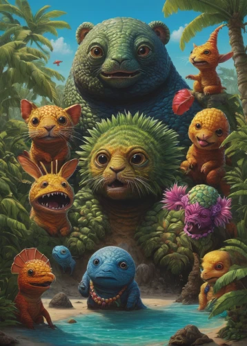 bulbasaur,tropical animals,frog gathering,island residents,scandia gnomes,forest animals,grizzlies,green animals,otters,studio ghibli,woodland animals,cg artwork,mulberry family,island group,hedgehogs,children's background,deep zoo,druid grove,game illustration,kids illustration,Illustration,Realistic Fantasy,Realistic Fantasy 18
