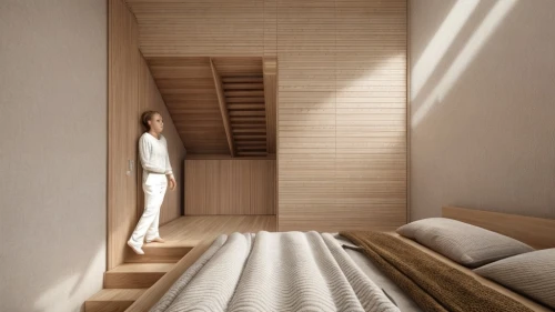 wooden sauna,wooden stairs,japanese-style room,canopy bed,sleeping room,wooden stair railing,bedroom,hallway space,archidaily,daylighting,room divider,bed frame,sauna,walk-in closet,wooden wall,wooden planks,timber house,modern room,attic,wooden path,Interior Design,Bedroom,Modern,French Zen
