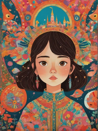 oriental girl,oriental princess,mystical portrait of a girl,shirakami-sanchi,oriental,jasmine,hanbok,mulan,colorful doodle,girl in a wreath,rosa ' amber cover,arabic background,boho art,kids illustration,girl praying,tiger lily,girl in flowers,fairy tale character,alhambra,asian vision,Illustration,Japanese style,Japanese Style 16