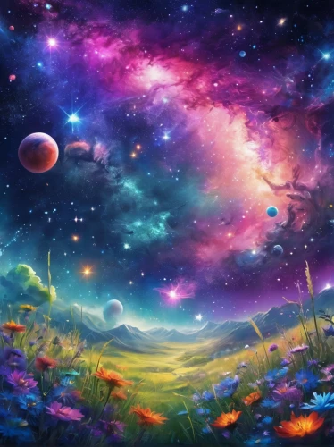 colorful stars,fairy galaxy,space art,cosmos field,fantasy landscape,colorful star scatters,universe,starscape,cosmos,galaxy,alien planet,alien world,children's background,full hd wallpaper,space,dream world,fantasy picture,planets,colorful background,cartoon video game background,Conceptual Art,Sci-Fi,Sci-Fi 30