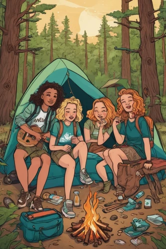 girl scouts of the usa,campfire,campers,camping,campfires,camp fire,campsite,camp,camping car,kids illustration,glamping,picnic,campground,camp out,tent camping,camping gear,happy children playing in the forest,camping equipment,tourist camp,book cover,Illustration,Abstract Fantasy,Abstract Fantasy 10