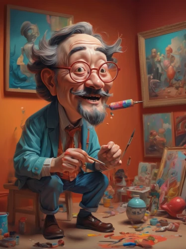 geppetto,caricaturist,studio ghibli,artist portrait,italian painter,meticulous painting,world digital painting,pinocchio,painting technique,painting easter egg,self-portrait,illustrator,digital painting,walt,caricature,fantasy portrait,artist,scandia gnome,cartoon doctor,elderly man,Conceptual Art,Fantasy,Fantasy 01