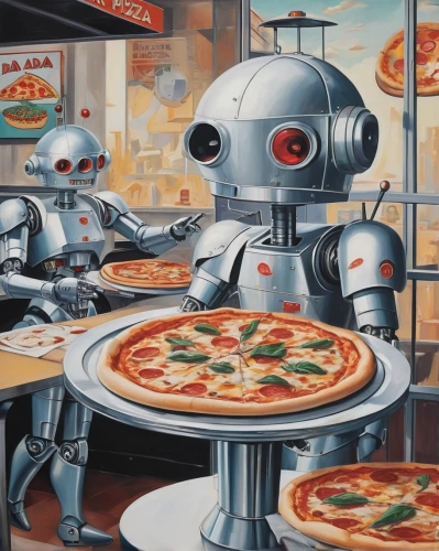 robots,order pizza,pizza service,pizzeria,automation,machines,robotics,machine learning,cybernetics,robot combat,artificial intelligence,pizza supplier,automated,robotic,retro diner,industrial robot,robot in space,science-fiction,scifi,social bot,Illustration,Black and White,Black and White 25