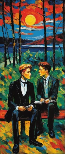 men sitting,post impressionism,wright brothers,vincent van gough,conversation,art painting,romantic scene,oil painting on canvas,musicians,oil on canvas,young couple,man on a bench,italian painter,picnic,oil painting,glass painting,cool pop art,picnic table,painting technique,park bench,Art,Artistic Painting,Artistic Painting 37