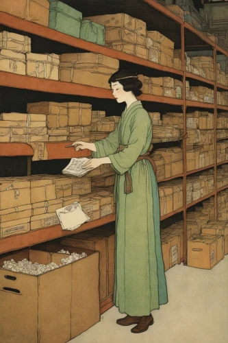 herbarium,kate greenaway,parchment,shoemaking,mail clerk,busy lizzie,medicinal materials,paperwork,bookkeeper,manuscript,female worker,national archives,cordwainer,inventory,digitization of library,warehouseman,bookselling,apothecary,shoemaker,parcel post,Illustration,Retro,Retro 17