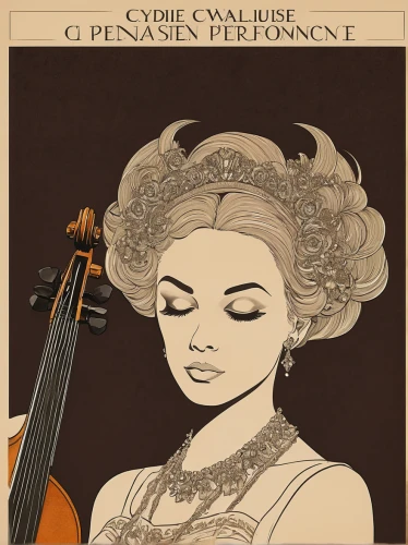 cello,cd cover,violinist violinist of the moon,violin woman,clavichord,art nouveau design,cybele,violin,cellist,cynthia (subgenus),classical music,bass violin,violinist violinist,art nouveau,calypso,bowed string instrument,the carnival of venice,cyril,woman playing violin,carolina rose,Illustration,American Style,American Style 07
