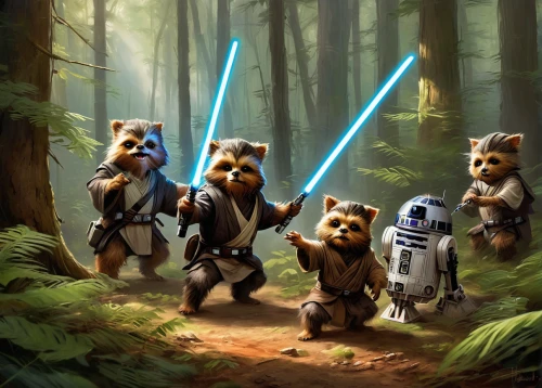 cg artwork,starwars,star wars,droids,woodland animals,rots,forest animals,r2d2,family outing,storm troops,the bears,anthropomorphized animals,cartoon forest,lightsaber,wicket,chewbacca,r2-d2,pathfinders,force,children's background,Conceptual Art,Oil color,Oil Color 03