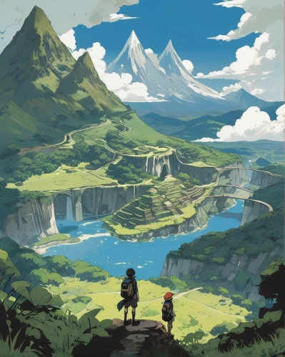 studio ghibli,mountain world,meteora,mountains,travel poster,mountain scene,mountain,mountain landscape,japanese alps,high mountains,high landscape,valley,giant mountains,mountainous landscape,mount scenery,mountain plateau,mountain valley,wander,fjord,an island far away landscape,Conceptual Art,Fantasy,Fantasy 10