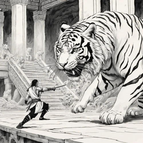 white tiger,royal tiger,tigers,a tiger,young tiger,tiger,type royal tiger,tiger cub,tigerle,bengal tiger,asian tiger,white bengal tiger,big cat,gladiator,big cats,lion white,ephesus,artemis temple,she feeds the lion,game illustration,Illustration,Black and White,Black and White 34
