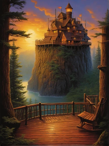 fairy tale castle,fairytale castle,fantasy picture,fantasy landscape,house in the forest,water castle,myst,tree house,tree house hotel,treehouse,monkey island,peter-pavel's fortress,summit castle,gold castle,log home,castle of the corvin,knight's castle,an island far away landscape,sea fantasy,house with lake,Illustration,Realistic Fantasy,Realistic Fantasy 32