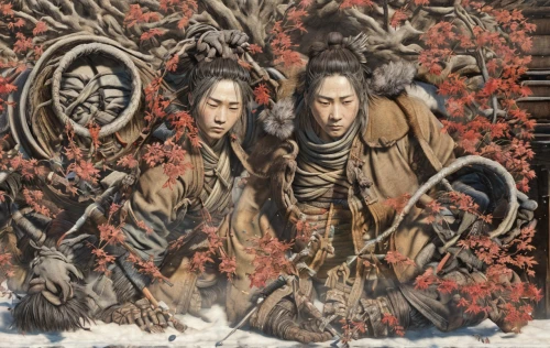 utonagan,two wolves,forest workers,japanese art,chinese art,guards of the canyon,elves,nomads,winter festival,heroic fantasy,oriental painting,yi sun sin,shamanism,hanging elves,shirakami-sanchi,snow figures,snow scene,autumn wreath,shuanghuan noble,foragers,Game Scene Design,Game Scene Design,Japanese Martial Arts